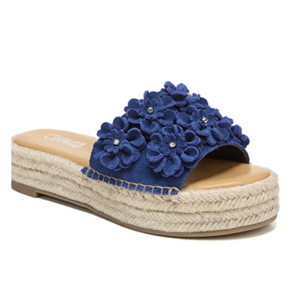 NWOB Carlos Santana Women's Chandler Blue Suede Rhinestone Floral Sandals Sz 5.5